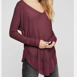 We The Free Thermal Waffle Knit Long Sleeve Tunic Top Oversized Maroon XS